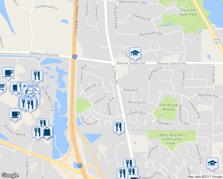 map of restaurants, bars, coffee shops, grocery stores, and more near 5738 Constitution Avenue in Gurnee