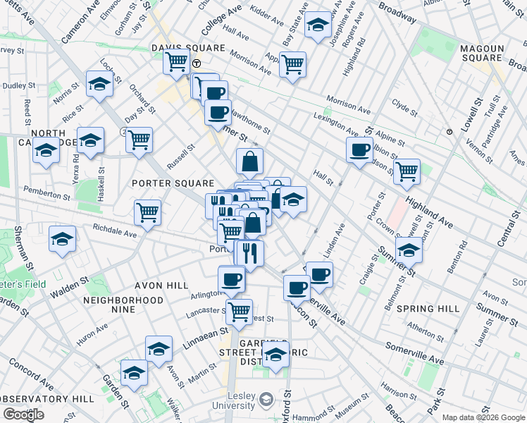 map of restaurants, bars, coffee shops, grocery stores, and more near 53 White Street in Cambridge