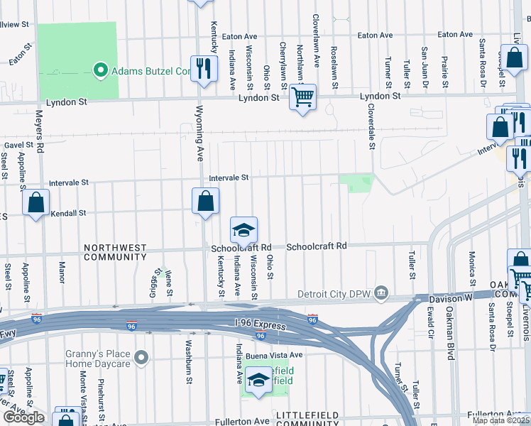 map of restaurants, bars, coffee shops, grocery stores, and more near 14005 Ohio Street in Detroit
