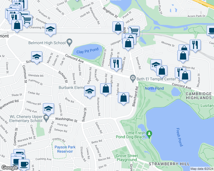 map of restaurants, bars, coffee shops, grocery stores, and more near 60 Watson Road in Belmont