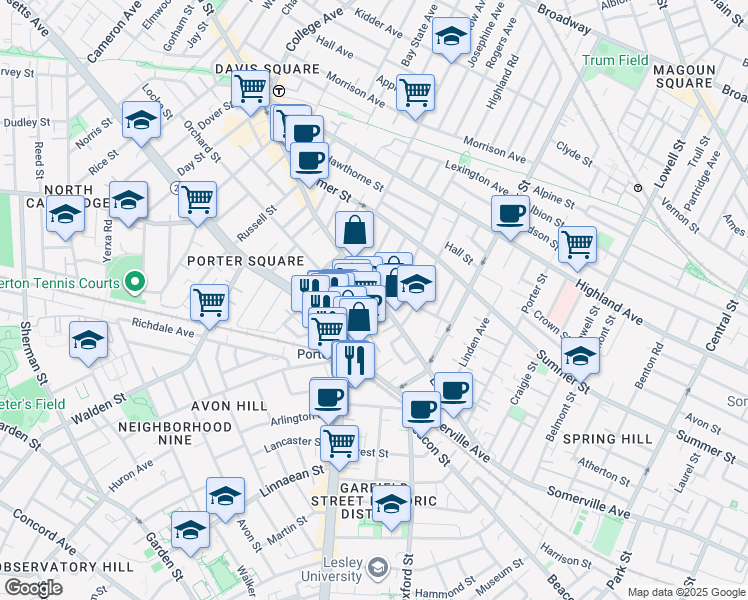 map of restaurants, bars, coffee shops, grocery stores, and more near 53 White Street in Cambridge