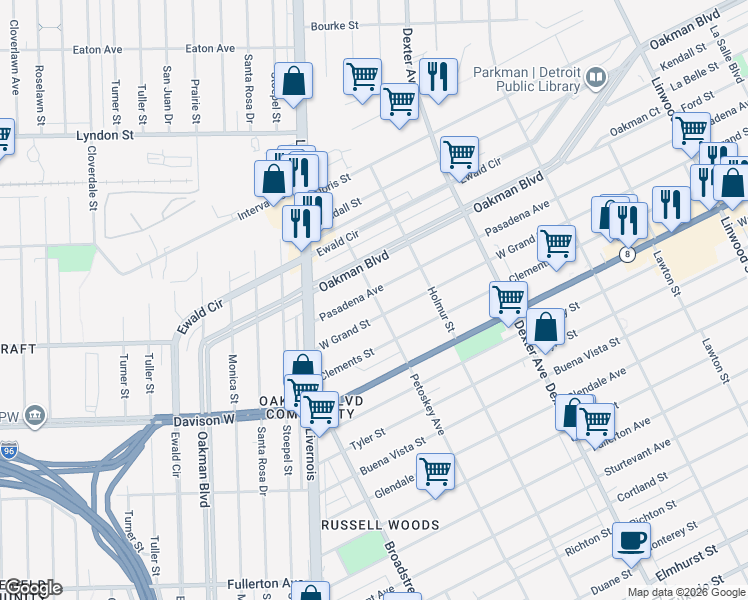 map of restaurants, bars, coffee shops, grocery stores, and more near 4203 Pasadena Street in Detroit