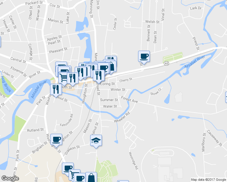 map of restaurants, bars, coffee shops, grocery stores, and more near 27 Winter Street in Hudson