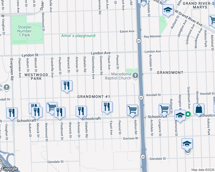 map of restaurants, bars, coffee shops, grocery stores, and more near 14175 Faust Avenue in Detroit