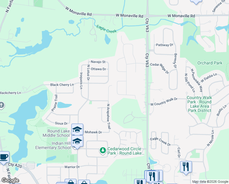 map of restaurants, bars, coffee shops, grocery stores, and more near 430 Red Cedar Road in Lake Villa