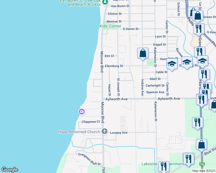 map of restaurants, bars, coffee shops, grocery stores, and more near 1056 Hazel Street in South Haven