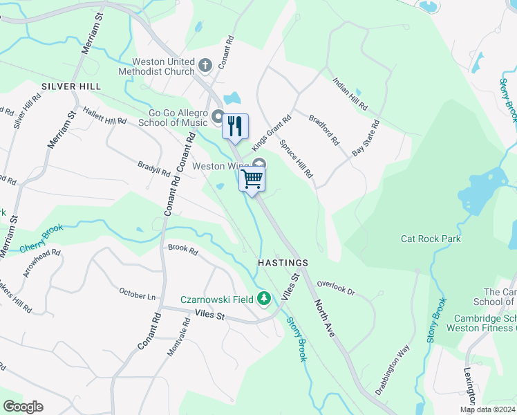 map of restaurants, bars, coffee shops, grocery stores, and more near 276 North Avenue in Weston