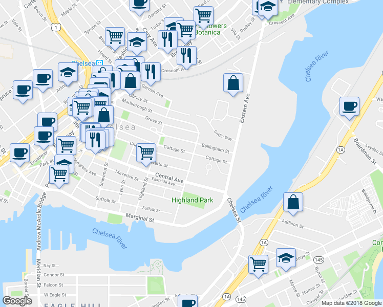 map of restaurants, bars, coffee shops, grocery stores, and more near 131 Cottage St in Chelsea