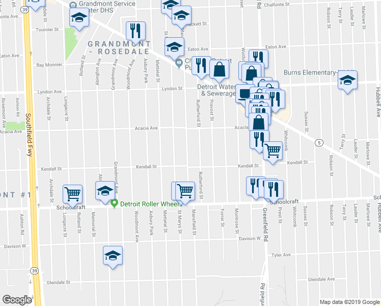 map of restaurants, bars, coffee shops, grocery stores, and more near 14160 Mansfield Street in Detroit