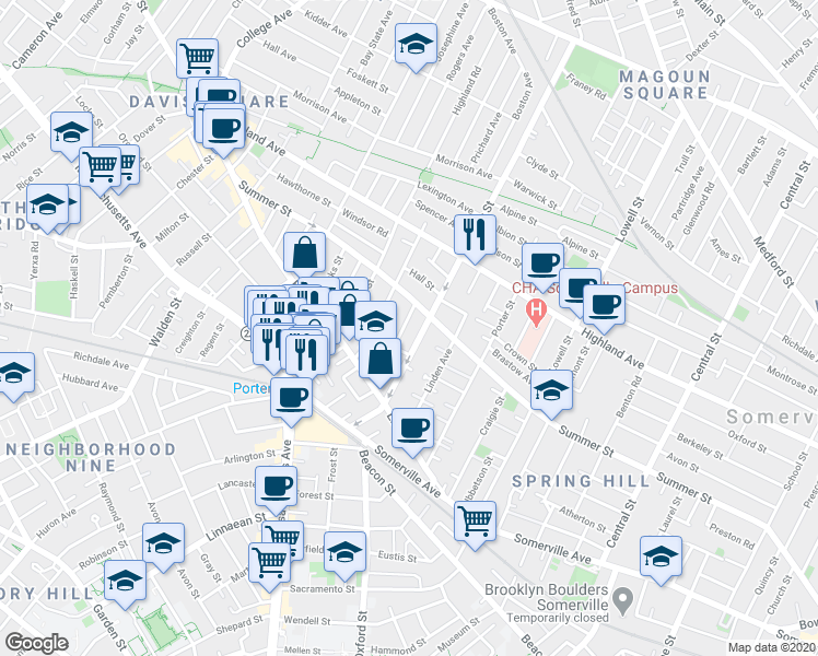 map of restaurants, bars, coffee shops, grocery stores, and more near 18 Ashland St in Somerville