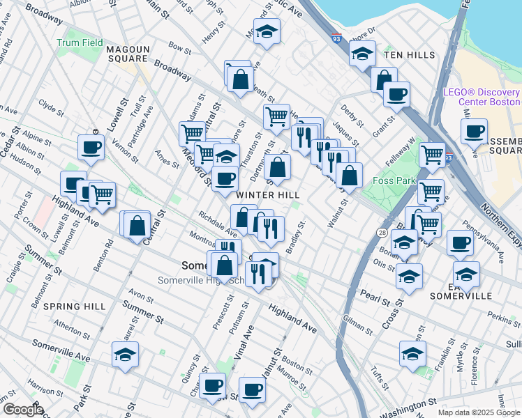 map of restaurants, bars, coffee shops, grocery stores, and more near 13 Howe Street in Somerville