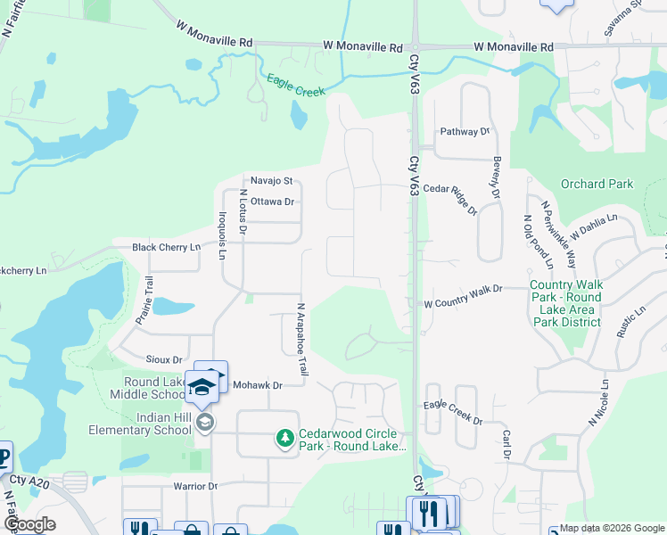 map of restaurants, bars, coffee shops, grocery stores, and more near 430 Red Cedar Road in Lake Villa