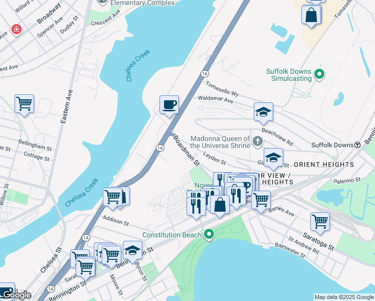 map of restaurants, bars, coffee shops, grocery stores, and more near 111 Boardman Street in Boston