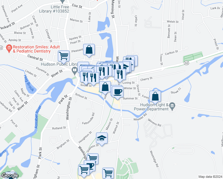 map of restaurants, bars, coffee shops, grocery stores, and more near 21 Houghton Court in Hudson