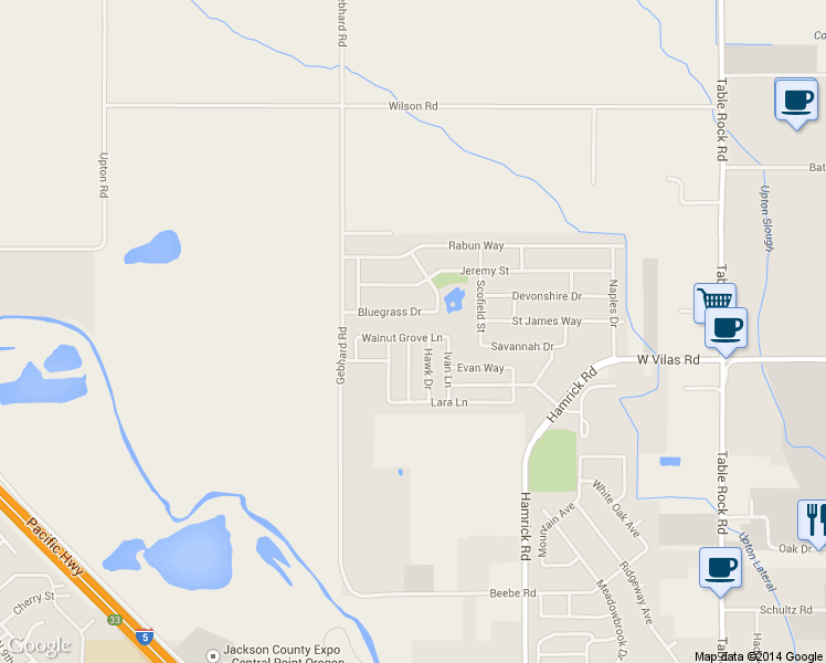 map of restaurants, bars, coffee shops, grocery stores, and more near 2121 Walnut Grove Lane in Central Point