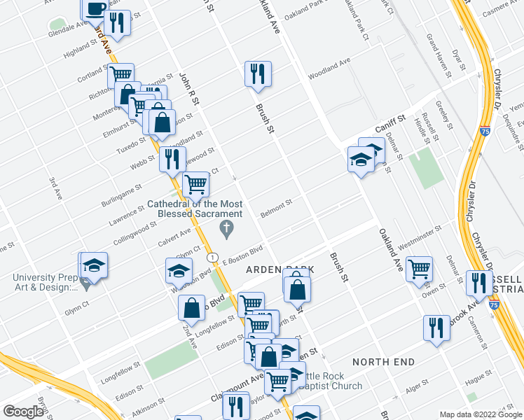 map of restaurants, bars, coffee shops, grocery stores, and more near 227 Belmont Street in Detroit