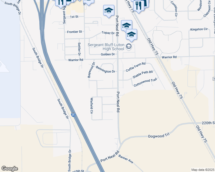 map of restaurants, bars, coffee shops, grocery stores, and more near 417 Huntington Drive in Sergeant Bluff