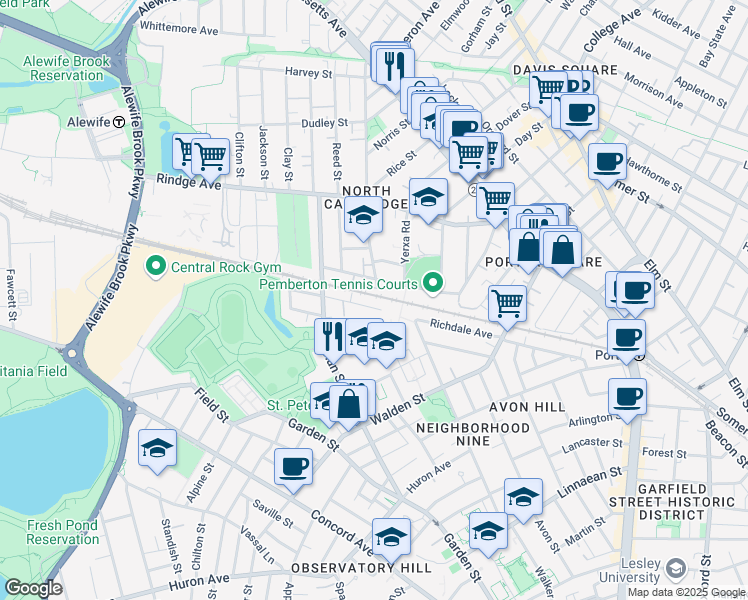 map of restaurants, bars, coffee shops, grocery stores, and more near 85 Bolton Street in Cambridge
