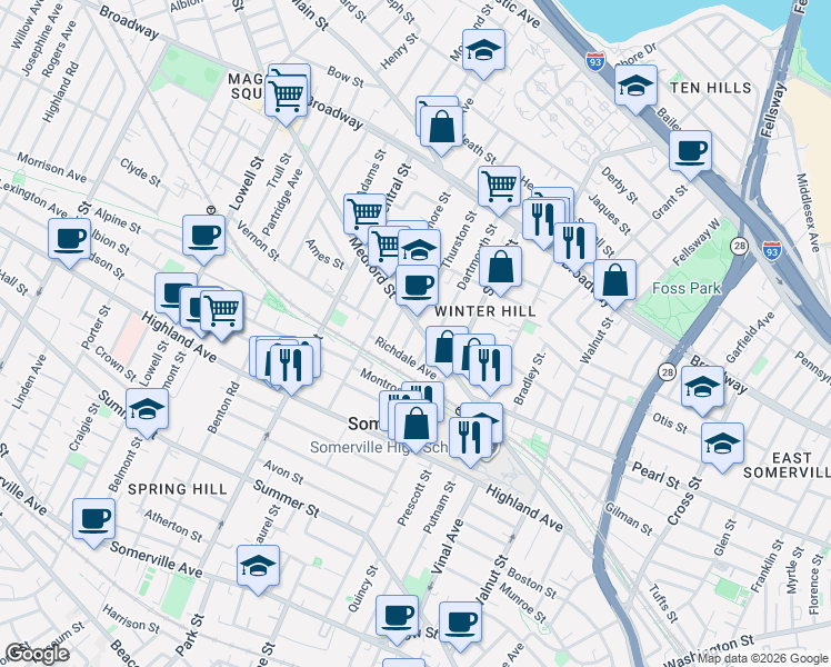map of restaurants, bars, coffee shops, grocery stores, and more near 388 Medford Street in Somerville