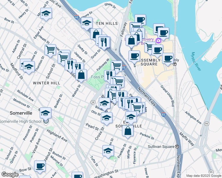 map of restaurants, bars, coffee shops, grocery stores, and more near 17 Kensington Ave in Somerville