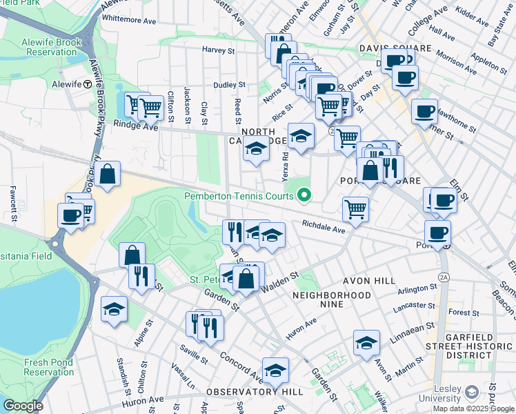 map of restaurants, bars, coffee shops, grocery stores, and more near 85 Bolton Street in Cambridge