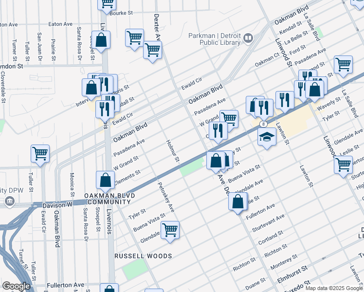 map of restaurants, bars, coffee shops, grocery stores, and more near 3779 Clements Street in Detroit