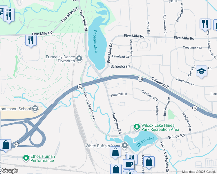 map of restaurants, bars, coffee shops, grocery stores, and more near 42396 Gateway Drive in Plymouth