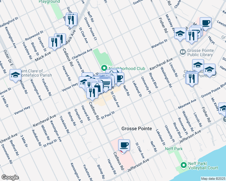 map of restaurants, bars, coffee shops, grocery stores, and more near 17030 Kercheval Place in Grosse Pointe