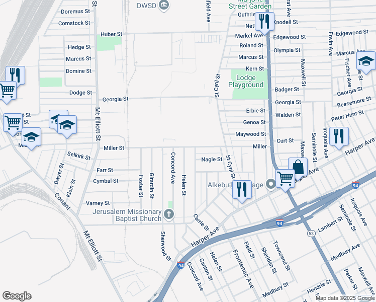 map of restaurants, bars, coffee shops, grocery stores, and more near 6900 Miller Street in Detroit