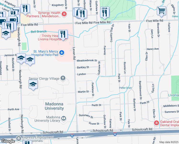 map of restaurants, bars, coffee shops, grocery stores, and more near 36094 Lyndon in Livonia