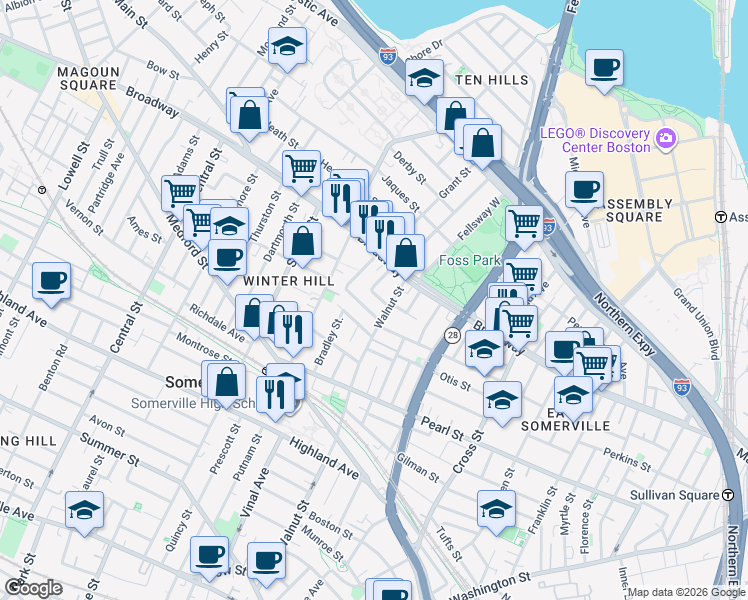 map of restaurants, bars, coffee shops, grocery stores, and more near 47 Sargent Avenue in Somerville