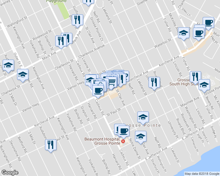 map of restaurants, bars, coffee shops, grocery stores, and more near 16999 Kercheval Avenue in Grosse Pointe