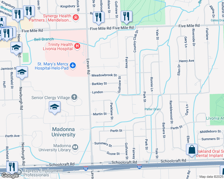 map of restaurants, bars, coffee shops, grocery stores, and more near 36094 Lyndon in Livonia