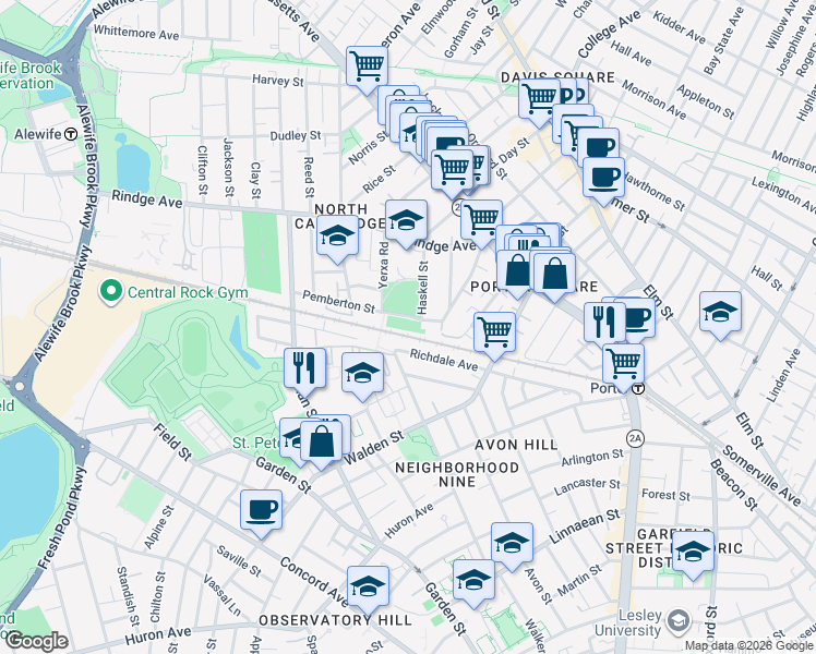 map of restaurants, bars, coffee shops, grocery stores, and more near 109 Pemberton Street in Cambridge