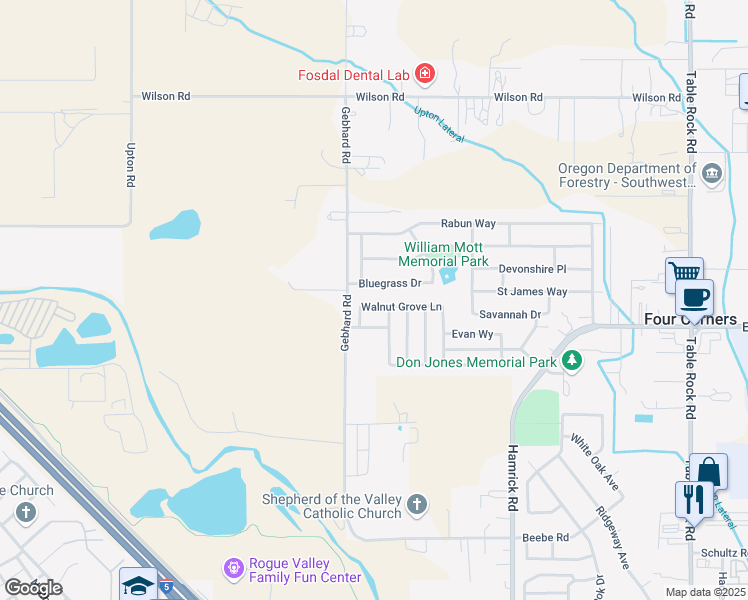 map of restaurants, bars, coffee shops, grocery stores, and more near 1401 Blue Sky Way in Central Point