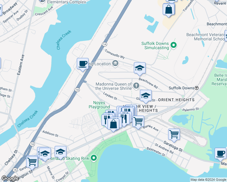 map of restaurants, bars, coffee shops, grocery stores, and more near 199 Gladstone Street in Boston
