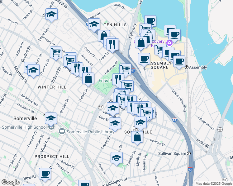 map of restaurants, bars, coffee shops, grocery stores, and more near 17 Kensington Avenue in Somerville