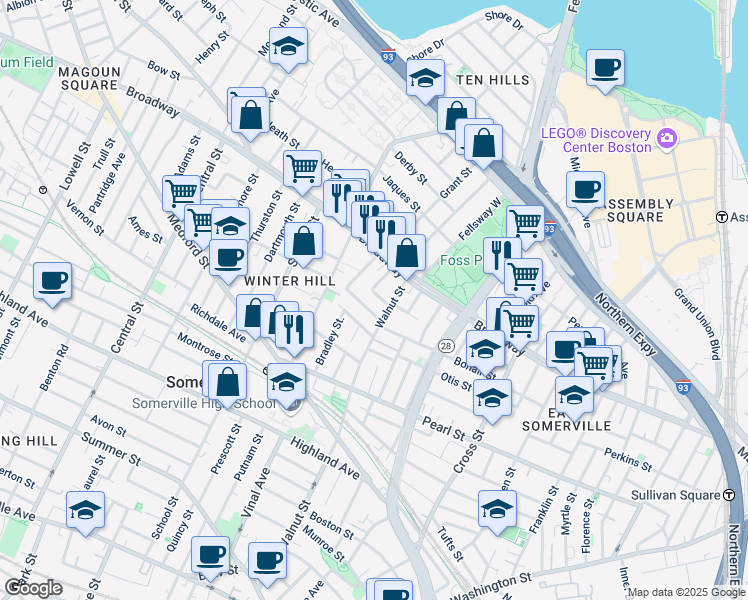 map of restaurants, bars, coffee shops, grocery stores, and more near 47 Sargent Avenue in Somerville