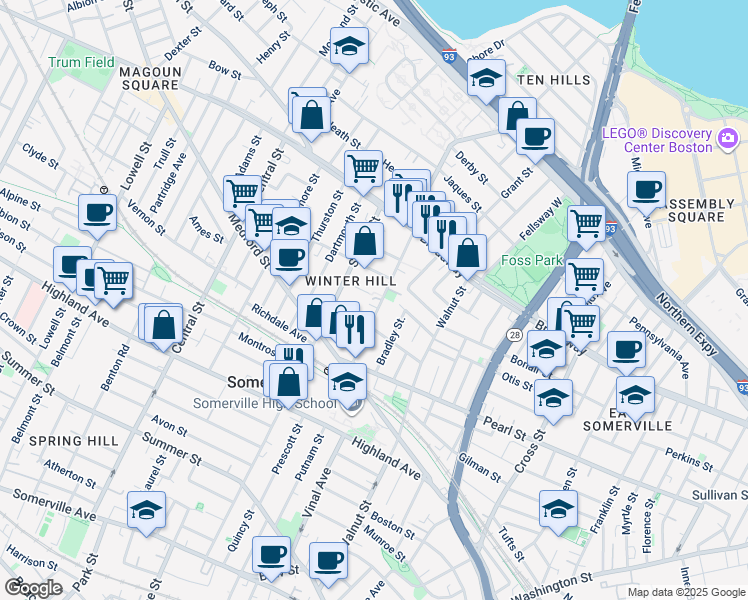 map of restaurants, bars, coffee shops, grocery stores, and more near 13 Howe Street in Somerville