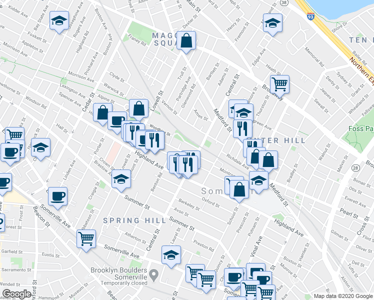 map of restaurants, bars, coffee shops, grocery stores, and more near 7 Albion Street in Somerville