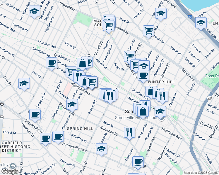 map of restaurants, bars, coffee shops, grocery stores, and more near 7 Albion Street in Somerville