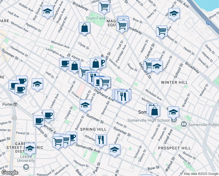 map of restaurants, bars, coffee shops, grocery stores, and more near 191 Highland Avenue in Somerville