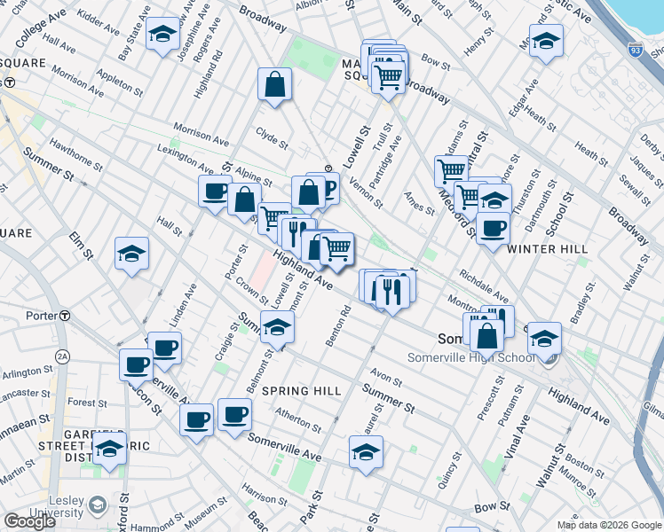 map of restaurants, bars, coffee shops, grocery stores, and more near 191 Highland Avenue in Somerville