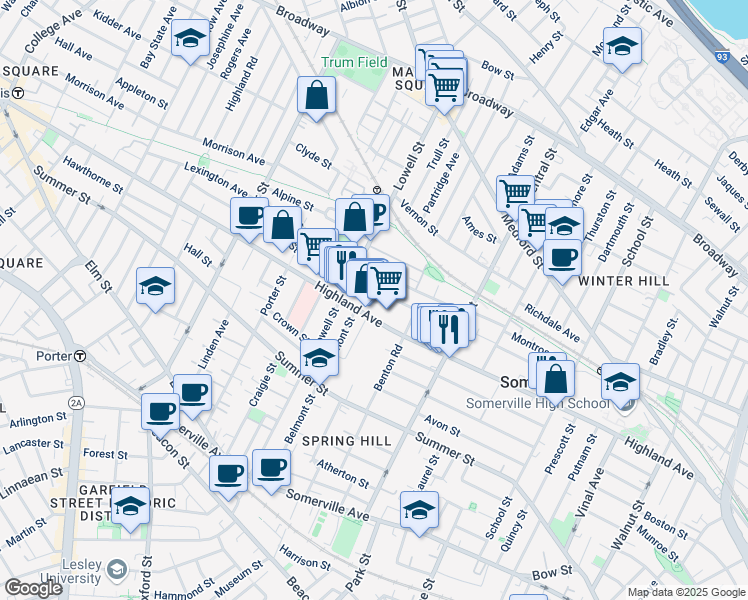 map of restaurants, bars, coffee shops, grocery stores, and more near 191 Highland Avenue in Somerville