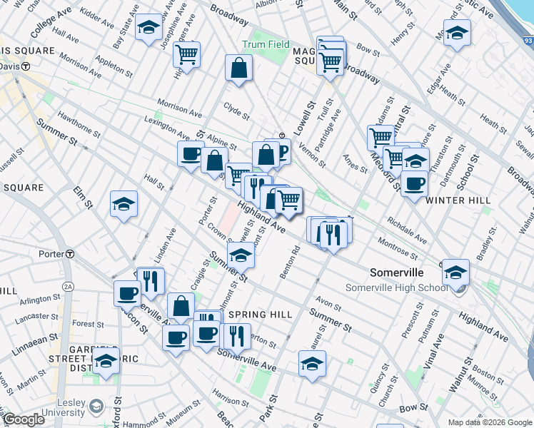 map of restaurants, bars, coffee shops, grocery stores, and more near 219 Highland Avenue in Somerville