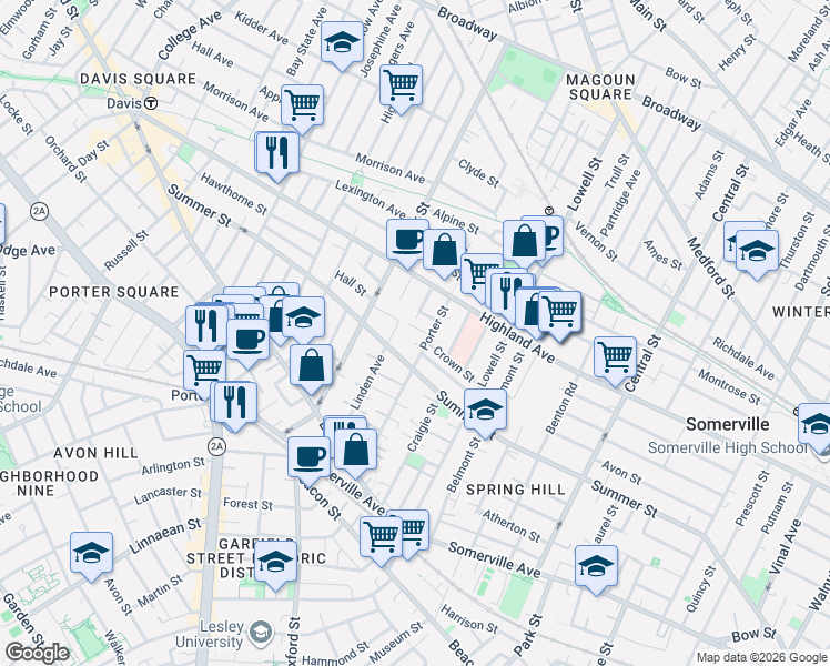 map of restaurants, bars, coffee shops, grocery stores, and more near 9 Porter Avenue in Somerville