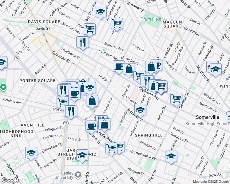 map of restaurants, bars, coffee shops, grocery stores, and more near 9 Porter Avenue in Somerville