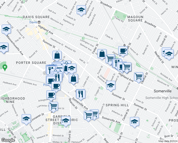 map of restaurants, bars, coffee shops, grocery stores, and more near 53 Cedar Street in Somerville