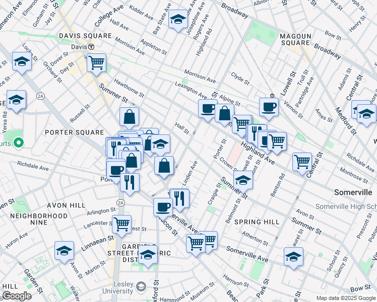 map of restaurants, bars, coffee shops, grocery stores, and more near 53 Cedar Street in Somerville