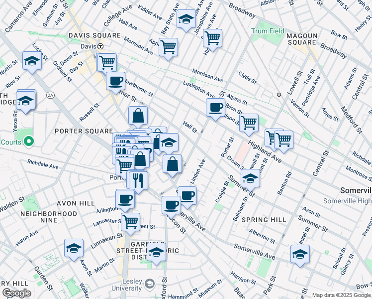map of restaurants, bars, coffee shops, grocery stores, and more near 21 Ashland Street in Somerville